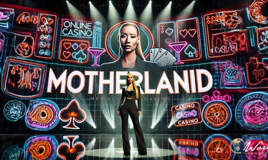 Iggy Azalea oznamuje své nové online casino "Motherland" s neonovými kasinovými grafikami v pozadí, propagující blížící se spuštění.